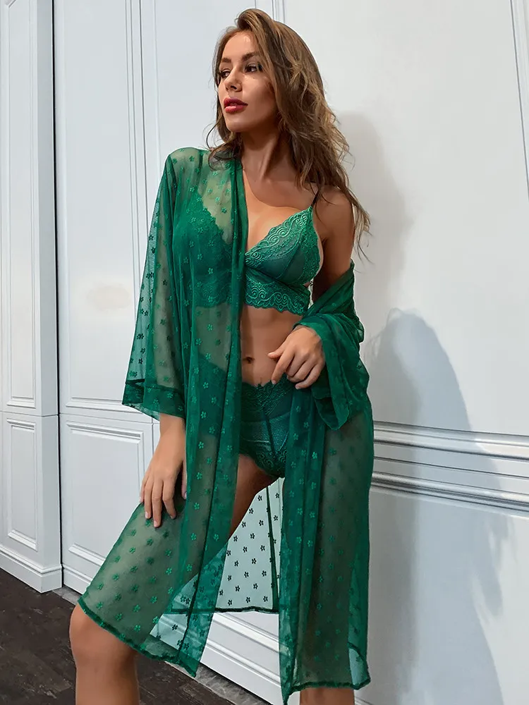  Mexy Mesh See-Through Pajama Long Robe Bra Panty Four-Piece Set M SIZE